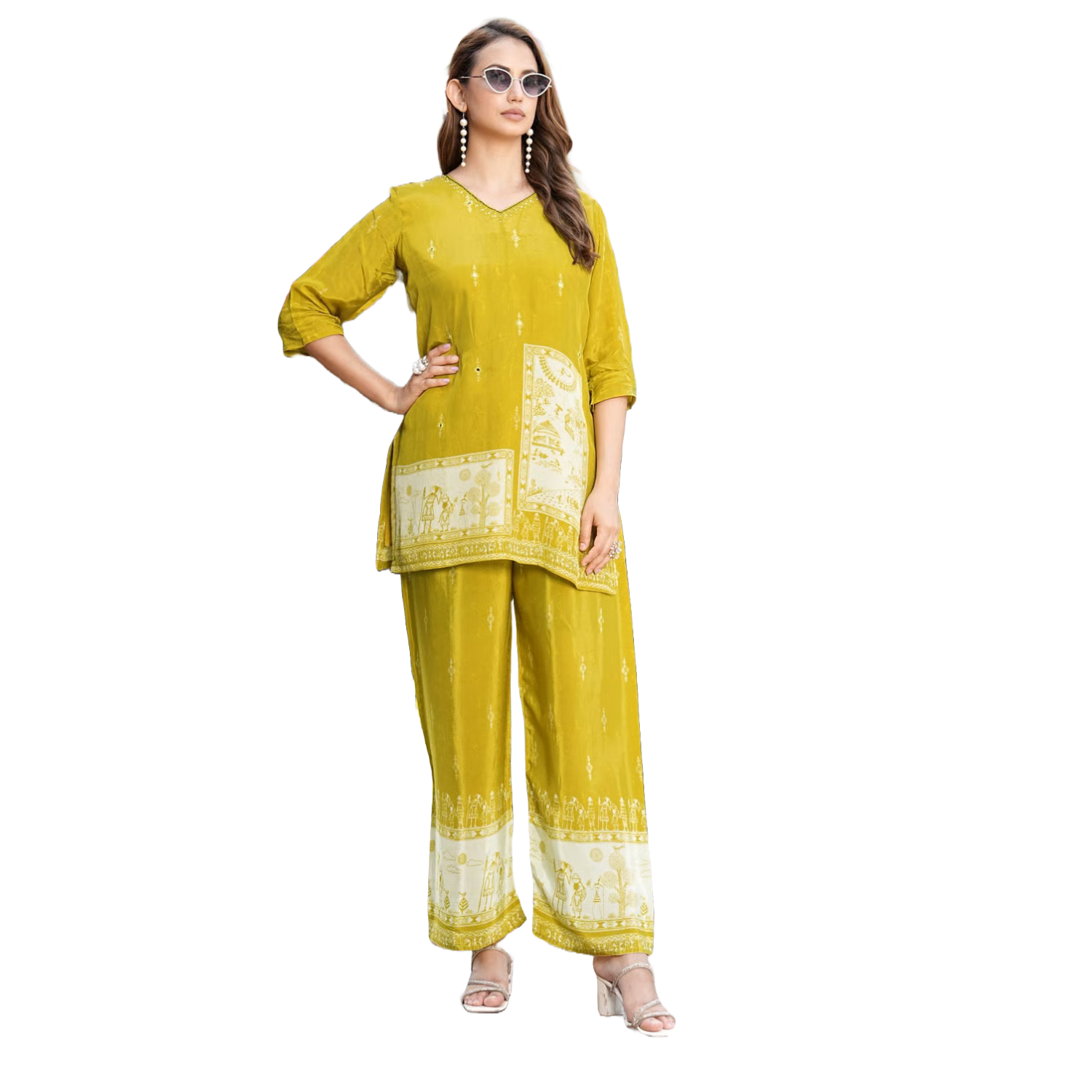 Multi-Print Co-ord Sets in Pure Natural Crepe-Yellow
